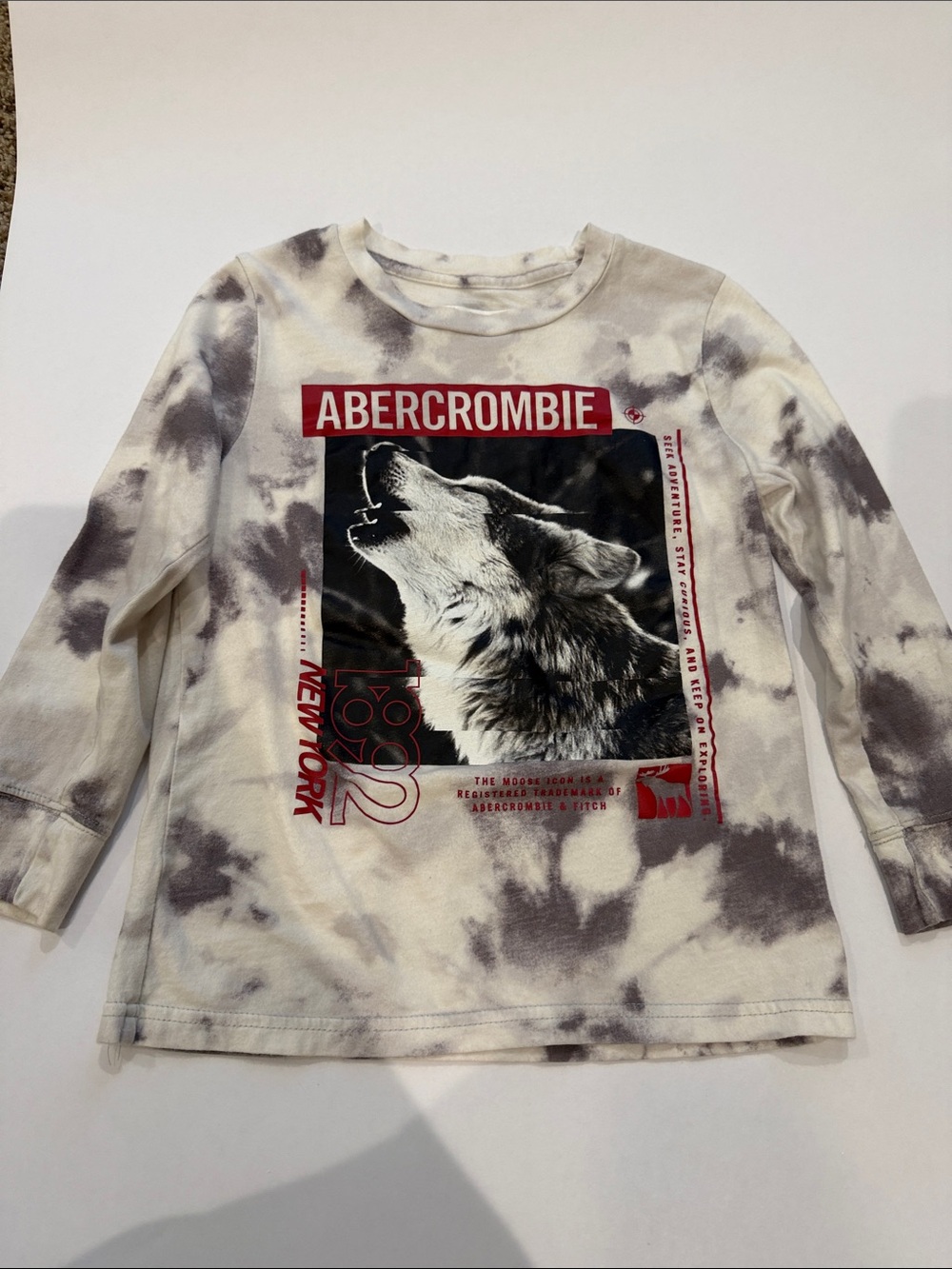 Abercrombie & Fitch White and Gray Tie-Dye Wolf Graphic Long Sleeve Tee